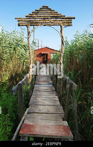 Promenade zum roten Holzhütte zum Angeln auf dem Ada Bojana Fluss, Montenegro Stockfoto