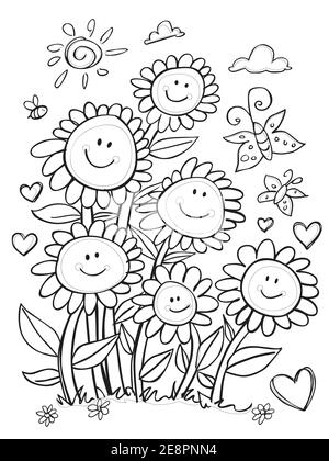 Vektor niedlich schwarz und weiß umreißt glückliche Sonne Blumen Porträt mit Herzen und Schmetterlinge Illustration. Große Färbung Aktivität für Kinder. Stock Vektor