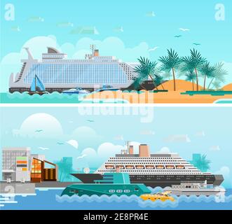 Kreuzfahrt Urlaub flache horizontale Banner mit Passagierschiffen nach Süden gesetzt Strand Moderne Hotels und Segelboote Vektor-Illustration Stock Vektor