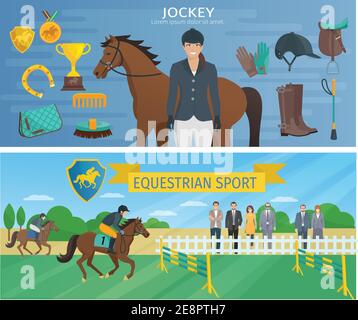 Horizontale Farbe dekorative Banner Darstellung Jockey mit Ausrüstung und Pferd Mit Pferdesport am Hippodrom Vektor-Illustration Stock Vektor