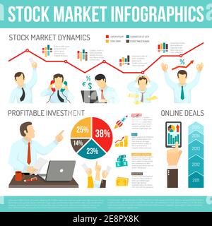 Aktienmarkt-Infografiken mit arbeitenden Tradern Geld Computer Smartphone-Diagramme Diagramme Statistik Dynamik Vektor Illustration Stock Vektor