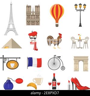 Frankreich Icons Set.Frankreich Vektor Illustration.Frankreich Flache Symbole.Paris Design Set. Paris Elements Kollektion. Stock Vektor