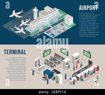 Flughafen isometrische horizontale Banner mit Parkplatz Hotel Wartehalle vor Schreibtisch Polizei Detektoren Passagiere isoliert Vektor-Illustration Stock Vektor