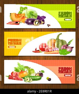 Drei horizontale Banner mit bunten Kompositionen von ganz und gehackt Frisches Gemüse und Obst in realistischem Stil Vektor-Llustration Stock Vektor