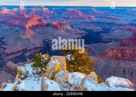 Schneebedeckter Pima Point und die Colorado River Gorge unten, Grand Canyon National Park, Arizona, USA Stockfoto