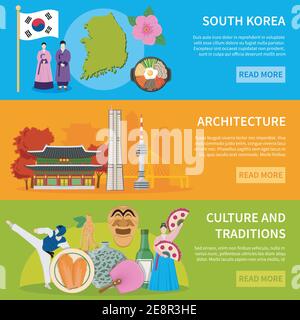 Südkorea Kultur Traditionen Architektur und Sightseeing für Touristen 3 Flache Banner Website Design isoliert Vektor Illustration Stock Vektor