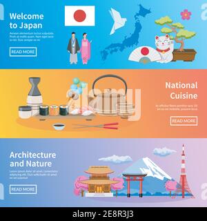 Japanische nationale Küche Architektur Traditionen und Natur für Reisende 3 Flache Banner Webseite Design isoliert Vektor Illustration Stock Vektor