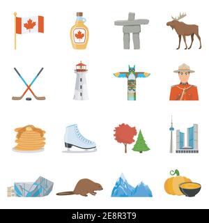 Kanadische nationale Kultur-und Sportsymbole Orte von Interesse für Touristen flache Icons Sammlung isoliert Vektor Illustration Stock Vektor