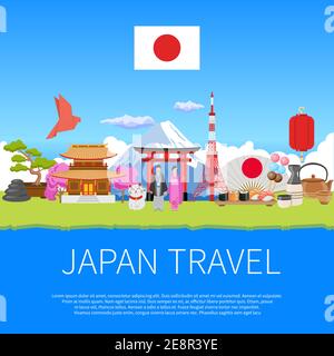 Japan Reise flach Werbeflyer mit nationalen kulturellen Symbolen Wahrzeichen Und Orte von Interesse Komposition Poster Vektor Illustration Stock Vektor