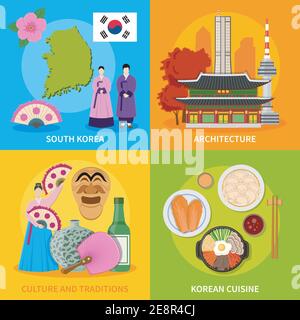 Koreanische Kultur Traditionen Symbole Küche Karte und Sehenswürdigkeiten 4 Wohnung Symbole quadratisches Poster abstrakter Vektor isolierte Illustration Stock Vektor