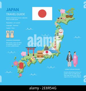 Japan für Reisende Karte mit kulturellen Symbolen und Sehenswürdigkeiten flach Poster mit Infografik Elemente abstrakte Vektor-Illustration Stock Vektor