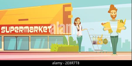 Familie Supermarkt Lebensmittelgeschäft einkaufen retro Cartoon Poster mit Ladenbau Straßenansicht und Kunden im Freien Vektorgrafik Stock Vektor