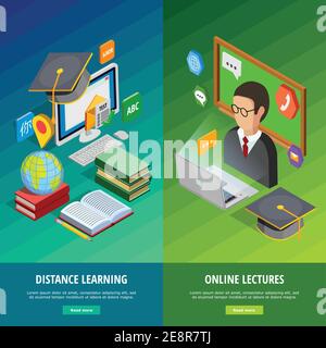 Online Learning vertikale Banner Set mit Abstand Lernsymbole isometrisch Isolierte Vektordarstellung Stock Vektor