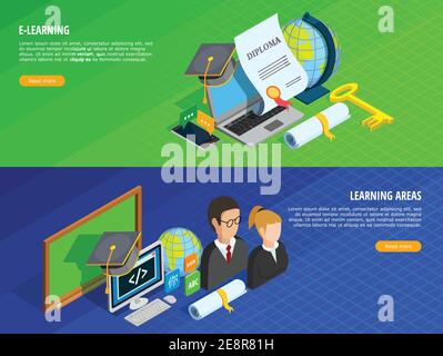 E-Learning isometrische horizontale Banner mit Lernbereichen Symbole isoliert gesetzt vektorgrafik Stock Vektor