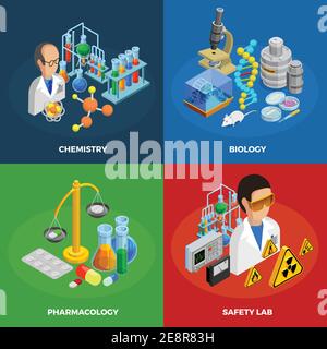 Science Concept-Symbole mit Symbolen für Chemie, Biologie und Pharmakologie Isometrische Darstellung isolierter Vektor Stock Vektor