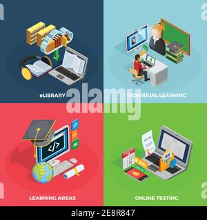 E-Learning-Konzept isometrische Symbole mit einzelnen Lernsymbolen isoliert gesetzt vektorgrafik Stock Vektor