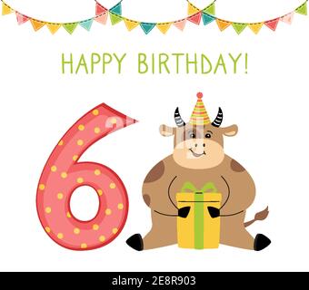Gruß Happy Birthday Karte, Stier mit Geschenkbox und Nummer sechs. Hand gezeichnet Ochse Zeichentrickfigur in Hut, Gegenwart. Gratuliere Kind zum 6. Geburtstag. Lustige flache Tier isoliert Vektor-Illustration Stock Vektor