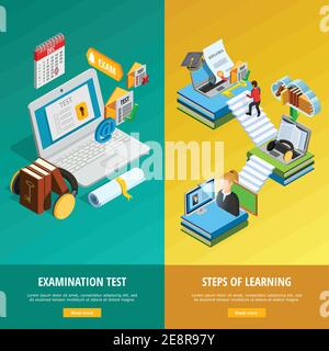 E-Learning isometrische vertikale Banner Set mit Testsymbolen isoliert Vektor Abbildung Stock Vektor