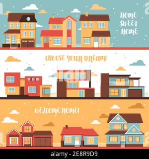 Cottage und Dorf Häuser horizontale Banner in Cartoon-Stil auf Wolkenhimmel Hintergrund flache Vektor-Illustration Stock Vektor