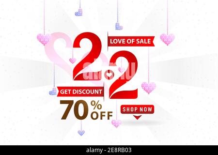 2.2 SALE, 2.2 Online Sale, Month of Love Sale Farbverlauf rot mit Glitzerstern und rosa lila isolierte weiße Hintergründe für Poster Flyer Design Stock Vektor