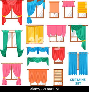 Fensterfarben Vorhänge und Jalousien flat set für Büro und Kreative Inneneinrichtung isoliert Vektor-Illustration Stock Vektor