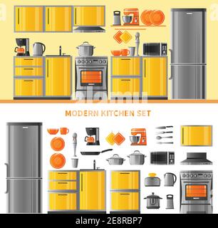 Zwei horizontale Banner mit Küche realistische Design-Konzept modern inländischen Technik und Geschirr Set flache Vektor-Illustration Stock Vektor