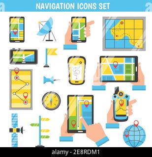 Flache Farbsymbole für Navigation mit Routing und Karten aktiviert Bildschirm von Mobiltelefonen in den Händen der Menschen isolierte Vektor-Illustration Stock Vektor