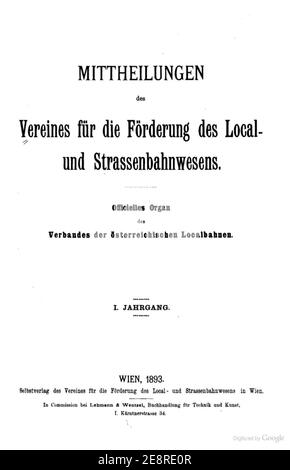 Mittheilungen des Vereins für die Förderung Local- und Strassenbahnwesens, Wien, 1893, S. 00 (Titel). Stockfoto