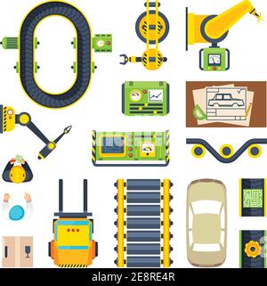 Flacher Symbolsatz der Elemente der Fahrzeugproduktionslinie vom Förderband Isolierte Vektordarstellung von Motoren zu Ersatzteilen Stock Vektor