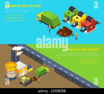 Horizontale isometrische Banner der Müllverwertung mit Sortierlinien und Werk mit Fabrikgebiet und Gebäudevektordarstellung Stock Vektor