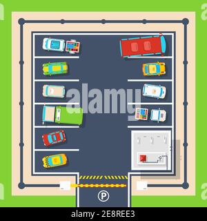 Plakat des geschlossenen Parkplatzes mit Barriere Verwaltungsgebäude und Verschiedene Fahrzeuge Draufsicht flache Vektor-Illustration Stock Vektor