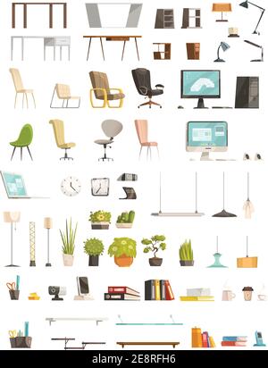 Moderne Büromöbel Organisatoren und Zubehör Top-Design-Trends Cartoon Stile Icons Objekte Sammlung isolierte Vektor-Illustration Stock Vektor