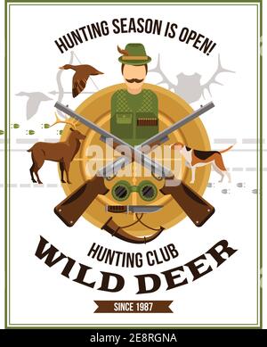 Shooting Jagd Poster mit Jäger Waffen Fernglas Horn Messer Hund Vektor-Illustration für Hirsche und Ente Stock Vektor