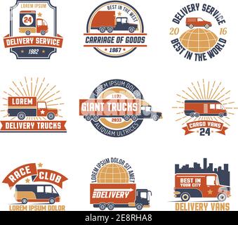 Flacher Satz von bunten Logos und Emblemen für verschiedene Lieferung Dienste isoliert auf weißem Hintergrund Vektorgrafik Stock Vektor