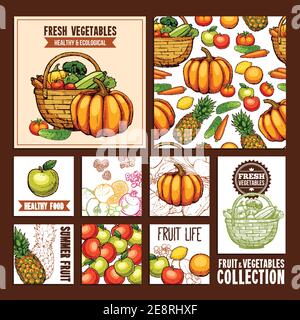 Obst und Gemüse Karten für eine nützliche und gesunde Ernährung in Vektorgrafik im Retro-Stil Stock Vektor
