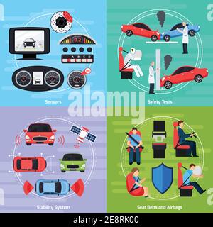 Car Safety Systems Vorlage mit Crash-Tests und Ausrüstung von automatische Bedingungen steuern isolierte Vektordarstellung Stock Vektor