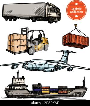 Bunte Logistik-Set mit LKW-Gabelstapler Flugzeug Schiff und Container In handgezeichneter Form isolierte Vektordarstellung Stock Vektor