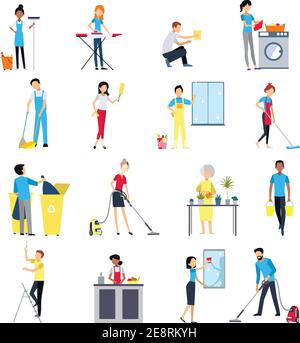 Reinigung Menschen flache farbige Symbole mit Männern und Frauen gesetzt Haus arbeiten Reinigung Waschen isoliert Vektor-Illustration Stock Vektor