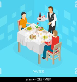 Kellner mit Tablett serviert Speisen Kunden Essen und Wein isometrisch Restaurant Café Szene Poster abstrakten Vektor Illustration Stock Vektor