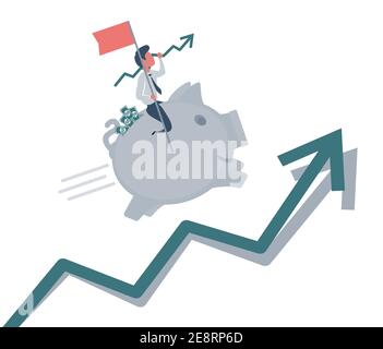 Illustration eines Geschäftsmannes, der auf seinem Sparschwein nach oben läuft Pfeildiagramm Stock Vektor