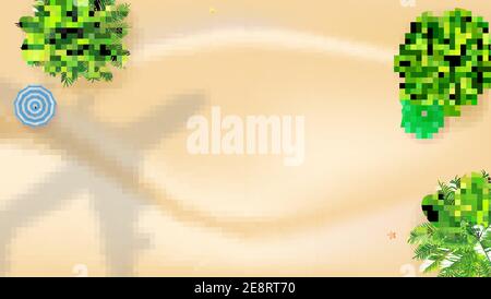 Luftaufnahme zum Schatten des Flugzeugs. Flugzeug fliegt über den Strand mit Palmen und Sonnenschirmen. Vektorhintergrund Stock Vektor