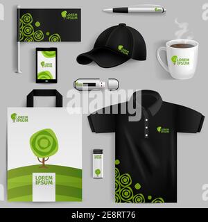 Dekorative Elemente der Corporate Identity mit grünen Baum Symbol in Realistischer Stil mit Stift usb-Flash-Laufwerk Tasche Tasse Baseball Cap-isolierter Vektor-illuu Stock Vektor
