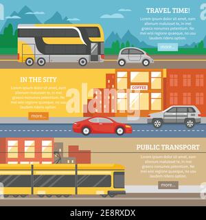 Transport für Stadt und Reise Banner mit Straßenbahn Autos Gebäude autobahn Straßen Berglandschaft isoliert Vektor-Illustration Stock Vektor