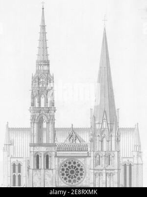 Monografie de la Cathedrale de Chartres - 04 Fassade occidentale - Gravure (beschnitten). Stockfoto