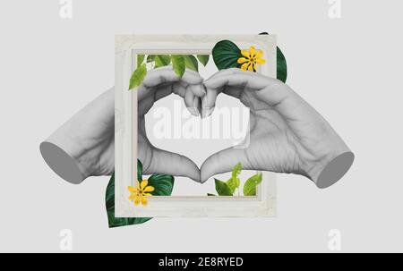 Digitale Collage moderne Kunst, Hände machen Herz-Symbol, mit Retro-Bilderrahmen und tropischen Blättern und Blume Stockfoto
