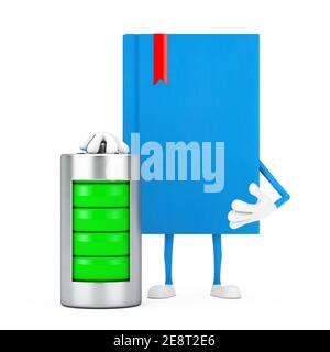 Blaues Buch-Zeichen-Maskottchen mit abstrakter Ladebatterie auf weißem Hintergrund. 3D Rendering Stockfoto