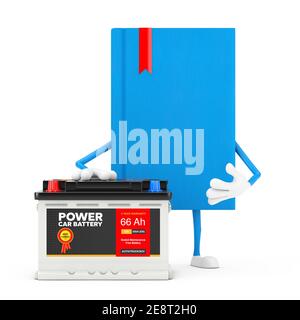 Blue Book Character Mascot und wiederaufladbare Auto-Akku 12V Akkumulator mit abstraktem Etikett auf weißem Hintergrund. 3D Rendering Stockfoto
