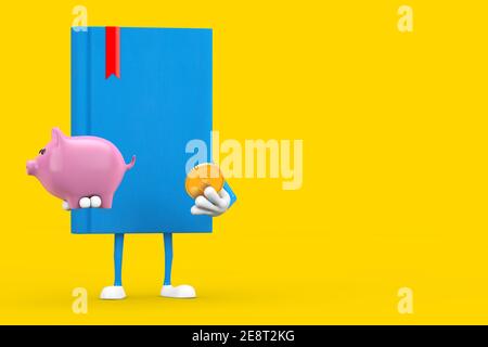 Blaues Buchfigur-Maskottchen mit Sparschwein und Golddolinmünze auf gelbem Hintergrund. 3D Rendering Stockfoto