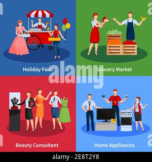 Symbole mit Anbietern, die Dienstleistungen für den Verkauf von Kleidung Obst gesetzt Gemüse Haushaltsgeräte und Urlaub Messe Vektor Illustration Stock Vektor