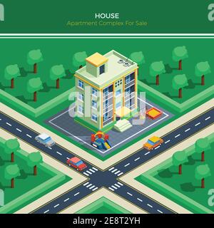 Draufsicht auf isometrische Stadtlandschaft mit Appartementhaus-Kindern Spielplatz Kreuzung und grünen Park um Vektor-Illustration Stock Vektor